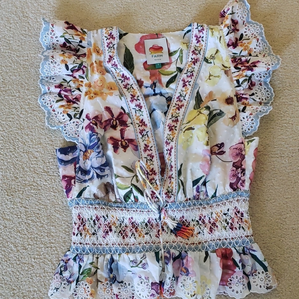 FARM Rio White and Red Ruffled Smocked Blouse